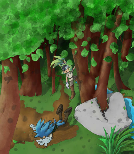 Depicts Sonic characters Sonic the Hedgehog and Surge the Tenrec in an Arthurian alternate universe setting. In a forest with a stream, Surge is in a tree looking at Sonic, face-planted into the ground.