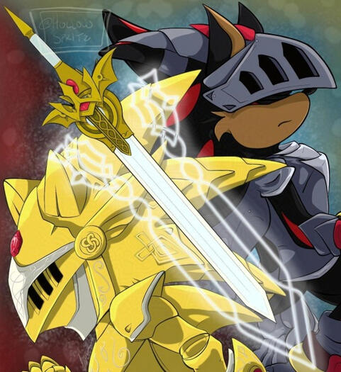 Characters Sonic (bottom left) and Shadow (top right) from the game Sonic and the Black Knight in their armour, Excalibur glowing in the middle in front of them.