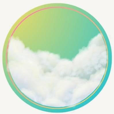 In a green to yellow gradient circle imitating the sun in the sky, rendered white fluffy clouds sit in the bottom of the circle taking up 1/2 to 2/3 of it.