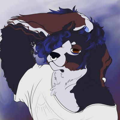 Depicts a dog original character owned by buffalo.bleu on instagram. I believe it's a st. bernard. Depicted in a bust shot with the right arm up hand running through curly chin-length black hair with blue highlights, in a white shirt, nose & ear ring.