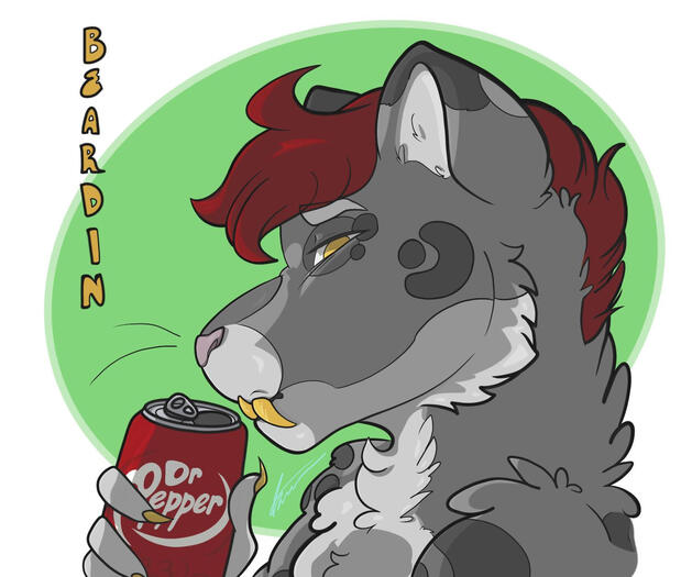 Depicts a bust shot of a cat original character owned by AceEscaped on Twitter. The name of the character "Beardin" appears on the left in yellow, reading top down. A big cat with saber teeth and short red hair about to sip from an open can of Dr. Pepper