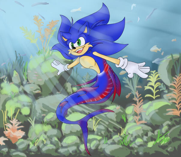 Sonic the Hedgehog of SEGA fame, turned into a mermaid (marlin). Depicted smiling in an underwater setting with mossy rocks and sea flora and fauna, sunlight shining through.